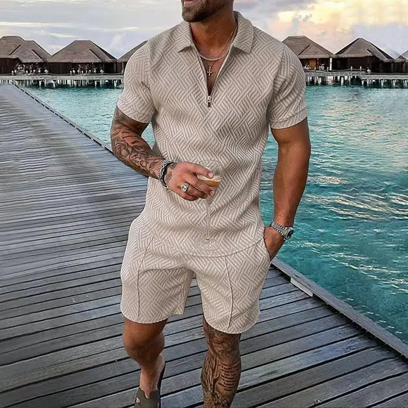

2023 men's suit men's solid color summer V-neck zipper short-sleeved POLO shirt shorts two-piece suit men's casual suit ins hot