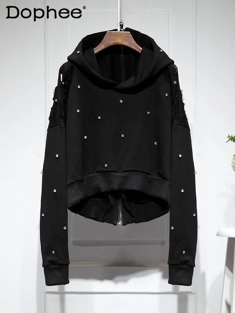 streetwear-raw-hem-ripped-rhinestone-hooded-sweatshirt-short-coat-for-women-autumn-new-black-two-sides-wear-loose-zip-hoodie-top