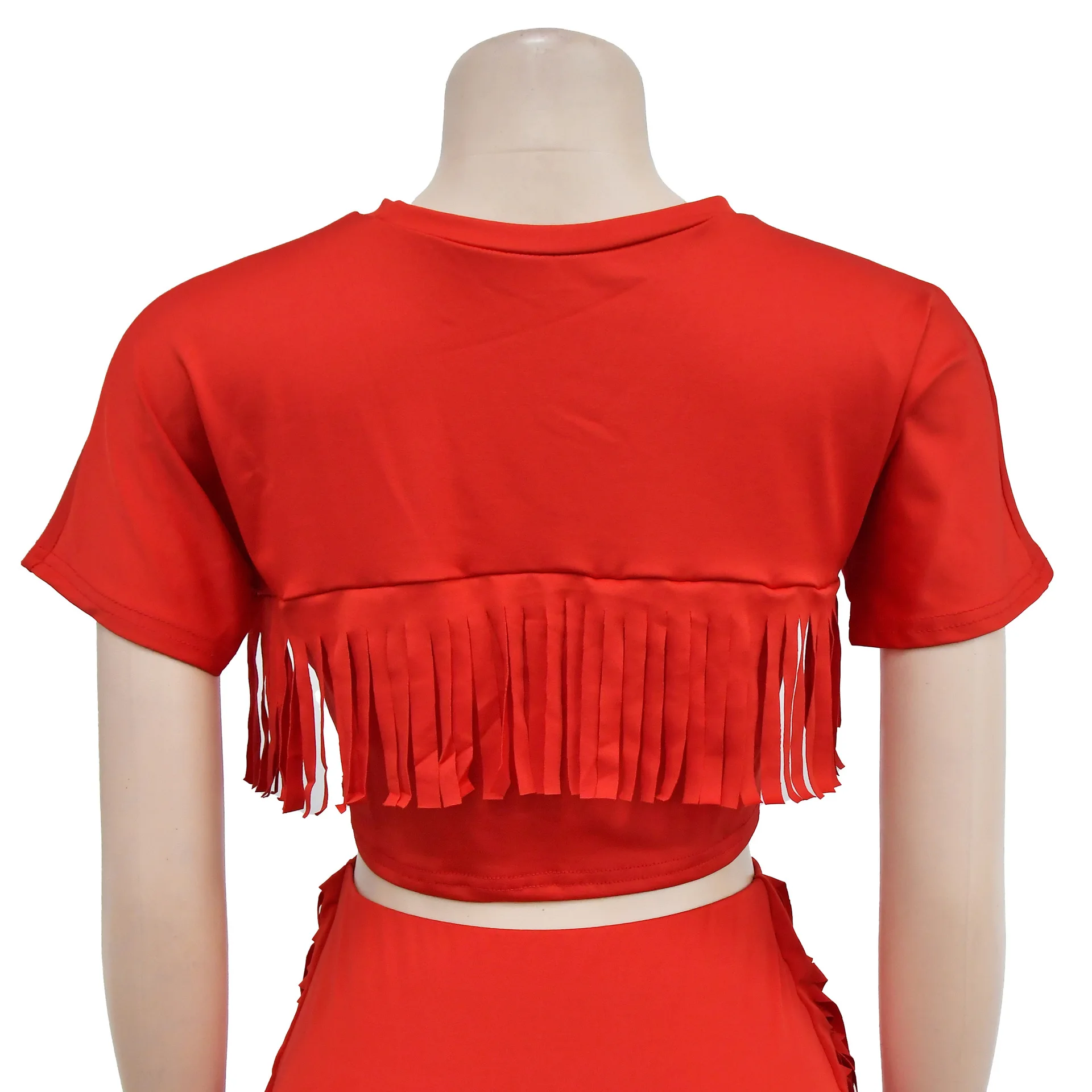 Spring And Summer Women's Solid Color Fringe Round Neck Short Sleeve And Long Skirt Two-Piece Set Fashion Casual Skirt Set