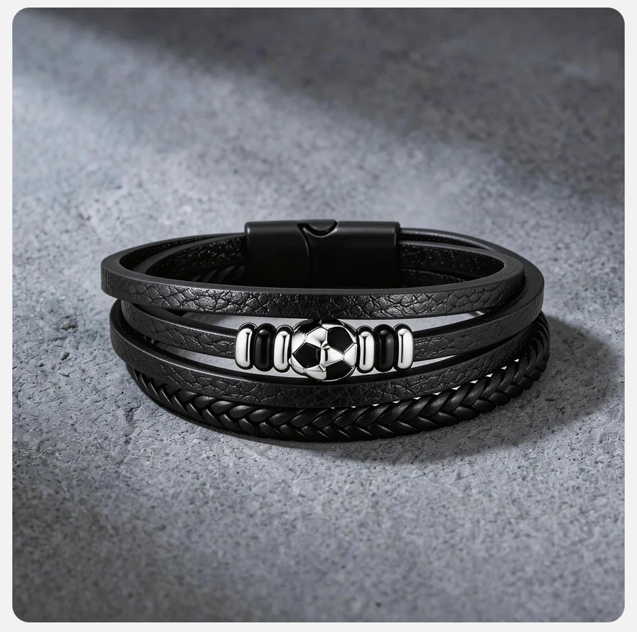 Vnox Herren Mehrschichtiges Lederarmband, Legierung Fußball-Charm PU-Leder Armband, Trendiges Stilvolles Armband Schmuckgeschenk für Ihn – Detail 6