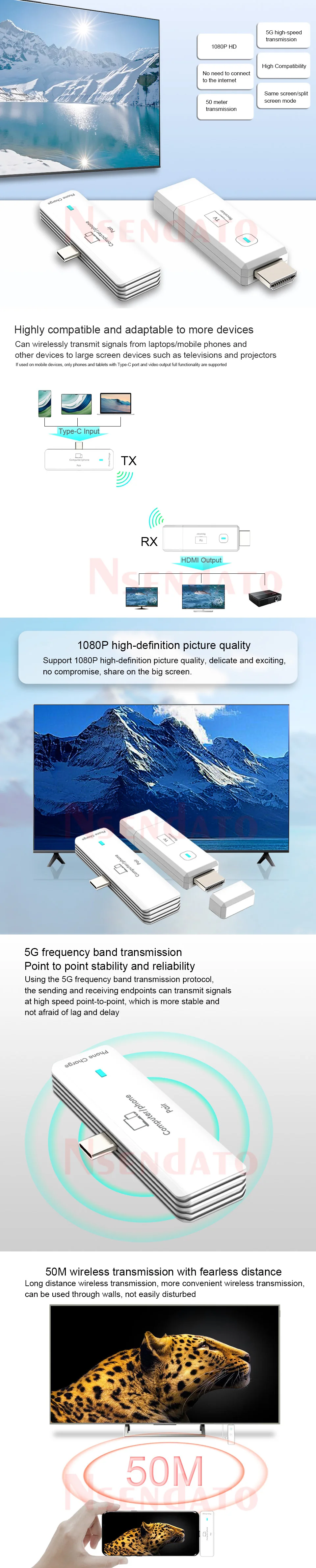 5.8G 1080P Wireless HDMI Video Audio Transmitter Receiver Extender 50m Wifi Disp