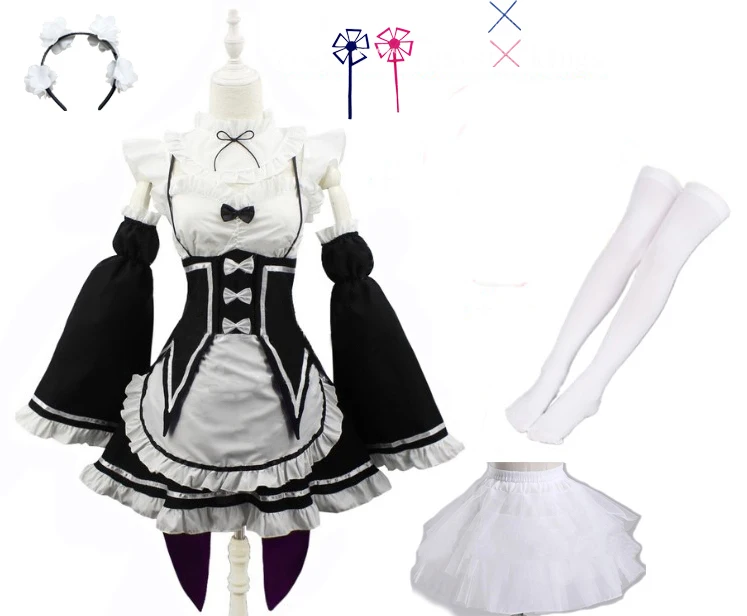 thumbnail image 1 of Anime Ram Rem disfraz de sirvienta Lolita Cosplay Vestido Re:zero Kara Hajimeru Isekai Seikatsu disfraces de Halloween para mujeres Vestido Loli, 1 of 5