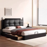 Ensemble de meubles de chambre à coucher noire tendance, lit double king size, décoration intérieure esthétique, rangement, cadre en bois massif, table avec tiroirs 1