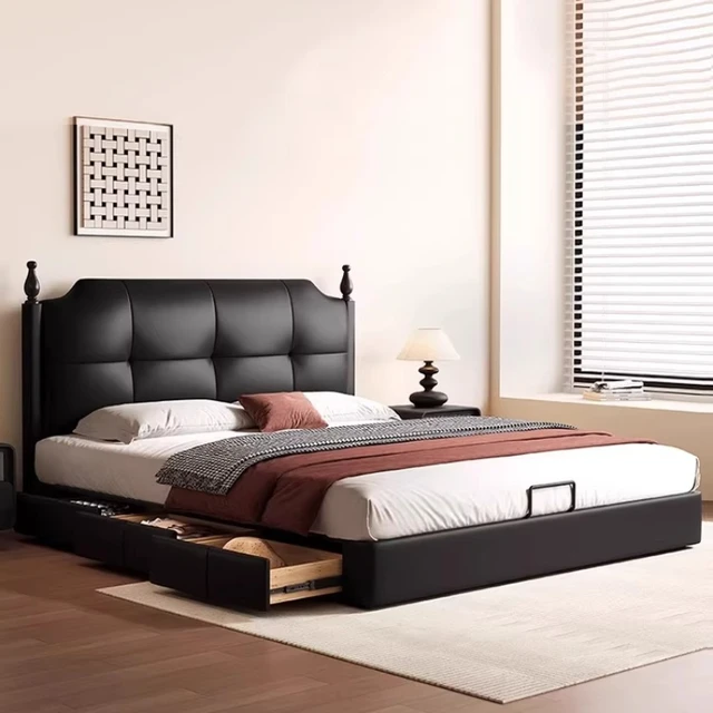 Ensemble de meubles de chambre à coucher noire tendance, lit double king size, décoration intérieure esthétique, rangement, cadre en bois massif, table avec tiroirs 1