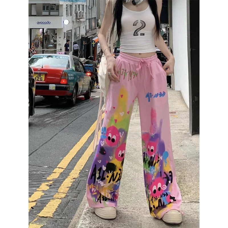 2024 Summer Fashion High Waisted Lace Up Print Loose and Slimming Street Trend Dopamine Dressing Casual Wide Leg Pants for Women