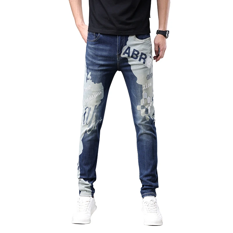 Color Matching Printed Jeans Men's Trend Fashion Street Quality Men's Personalized Embroidery Slim-Fit Stretch Trousers