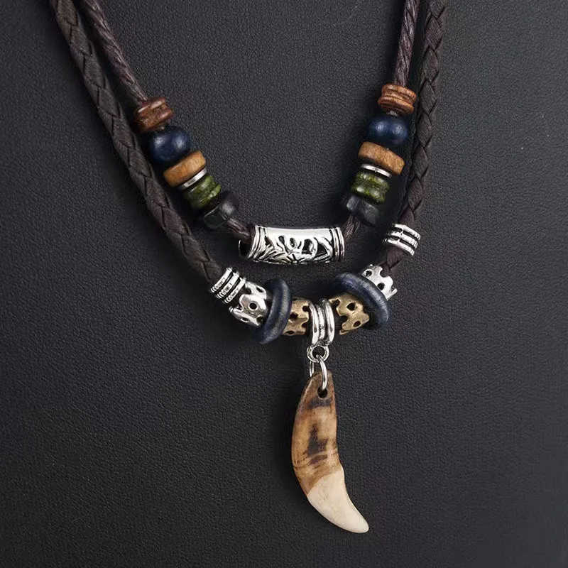 Vintage Mens Jewellery Boho Wolf Tooth Pendant Necklace Woven Handmade Cross Beads Stylish Tribal Tooth Rope Necklace Jewelry