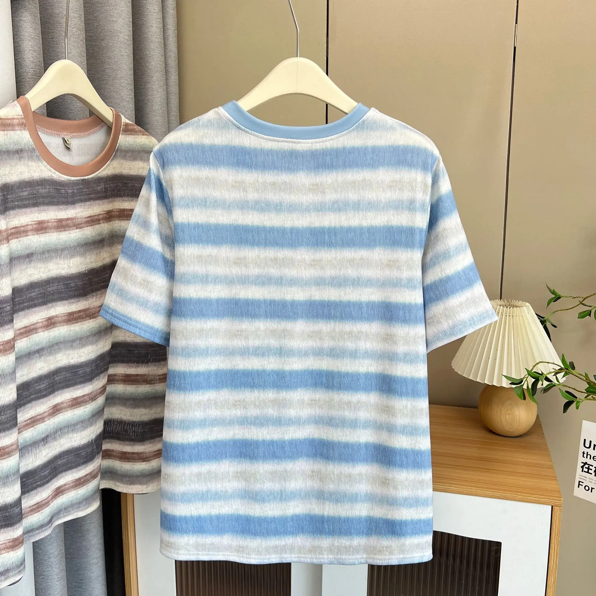 100kg Summer Top New Style Casual Tie Dye Colour Strip Short Sleeve Tees Plus Size Women's T-shirt 8295