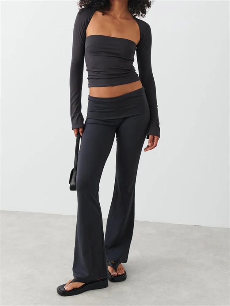 

Женский костюм из двух предметов CHRONSTYLE, осенняя футболка с длинным рукавом, квадратным вырезом и глубоким вырезом, укороченный топ, длинные расклешенные брюки, уличная одежда 2024