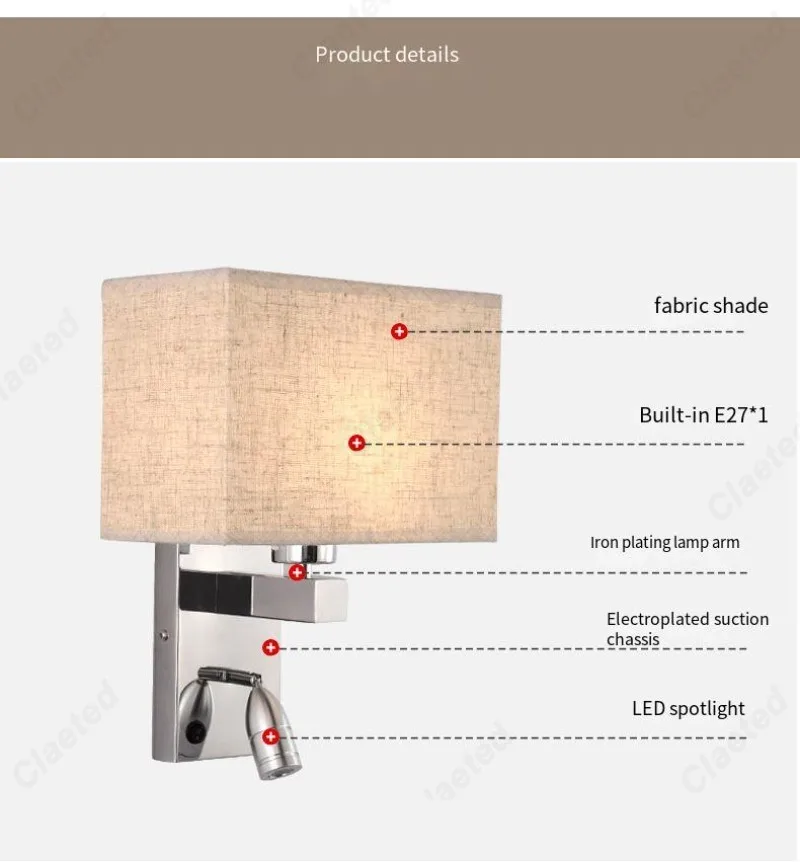 Description Picture 6 of itemLED Fabric Lampshade E27 with Switch Wall Light Adjustable Angle Spotlight Hotel Room Indoor Bedroom Bedside Reading Light