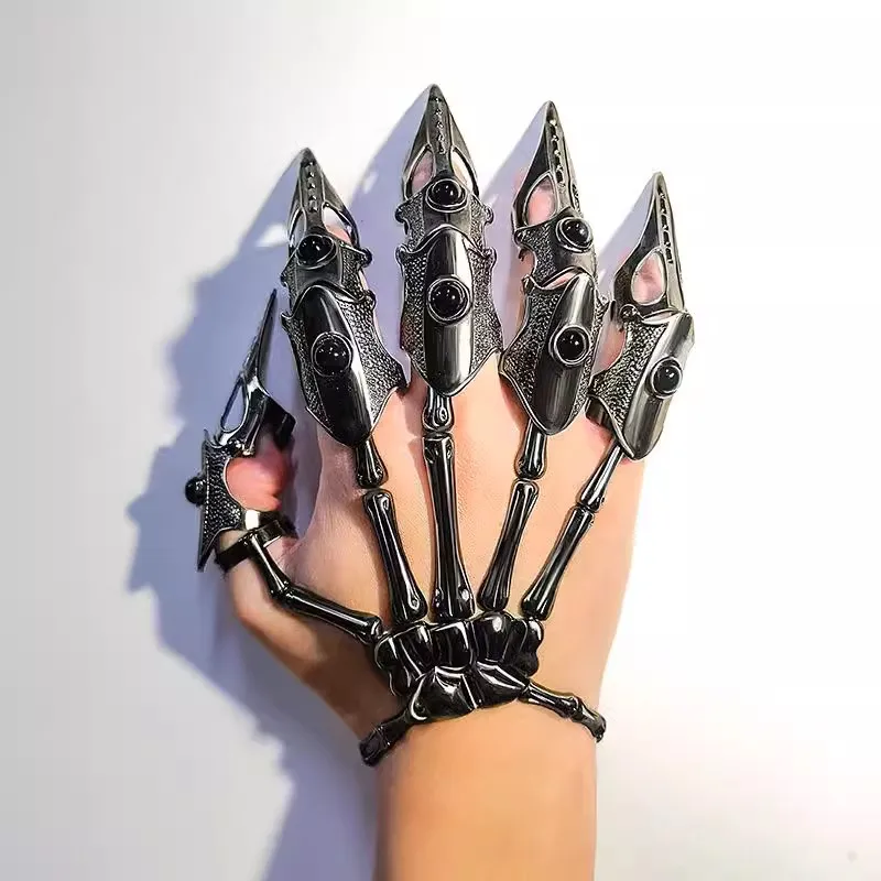 Bracelet Main Squelette Et Bague Griffe - Style Gothique Punk - Ajustable, En Alliage - Accessoire Cosplay