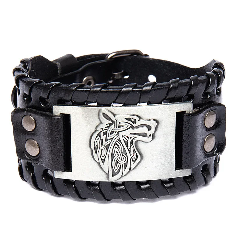 Viking Leather Bracelet For Men Vintage Wide Jewelry Accessory