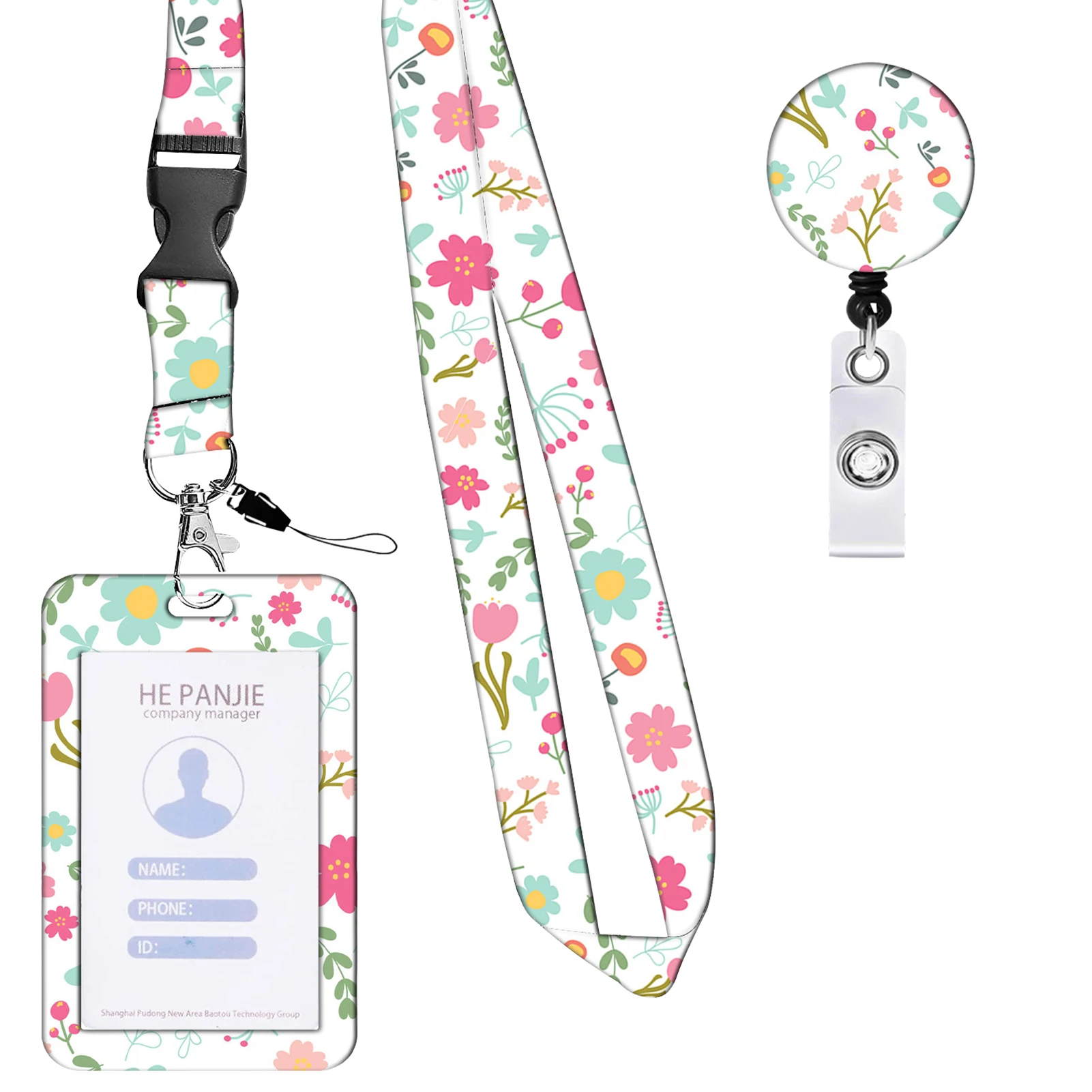 

Neck Strap ID Card With Lanyard Retractable Badge Holder For Nurse Exhibition Belt Clip Portable Gift Reel Floral Print Name Tag