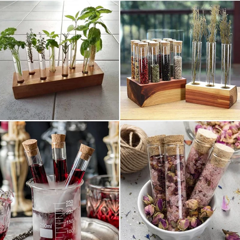 5pcs 12x100mm/15x100mm/18x100mm/20x100mm/25x100mm/40x100mm Flat Bottom Glass Test Tube Cork Stoppers For Kinds Of TESTS glass bottles plastic storage tubes