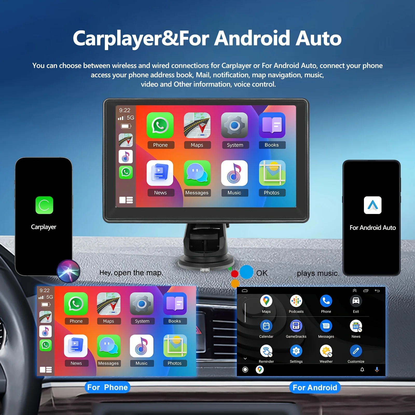 7 Inch Portable CAR MP5 PLAYER with Dash Camera - Touch Screen Multimedia Monitor, Bluetooth, Mirror Link, Android Auto, Univers - 4