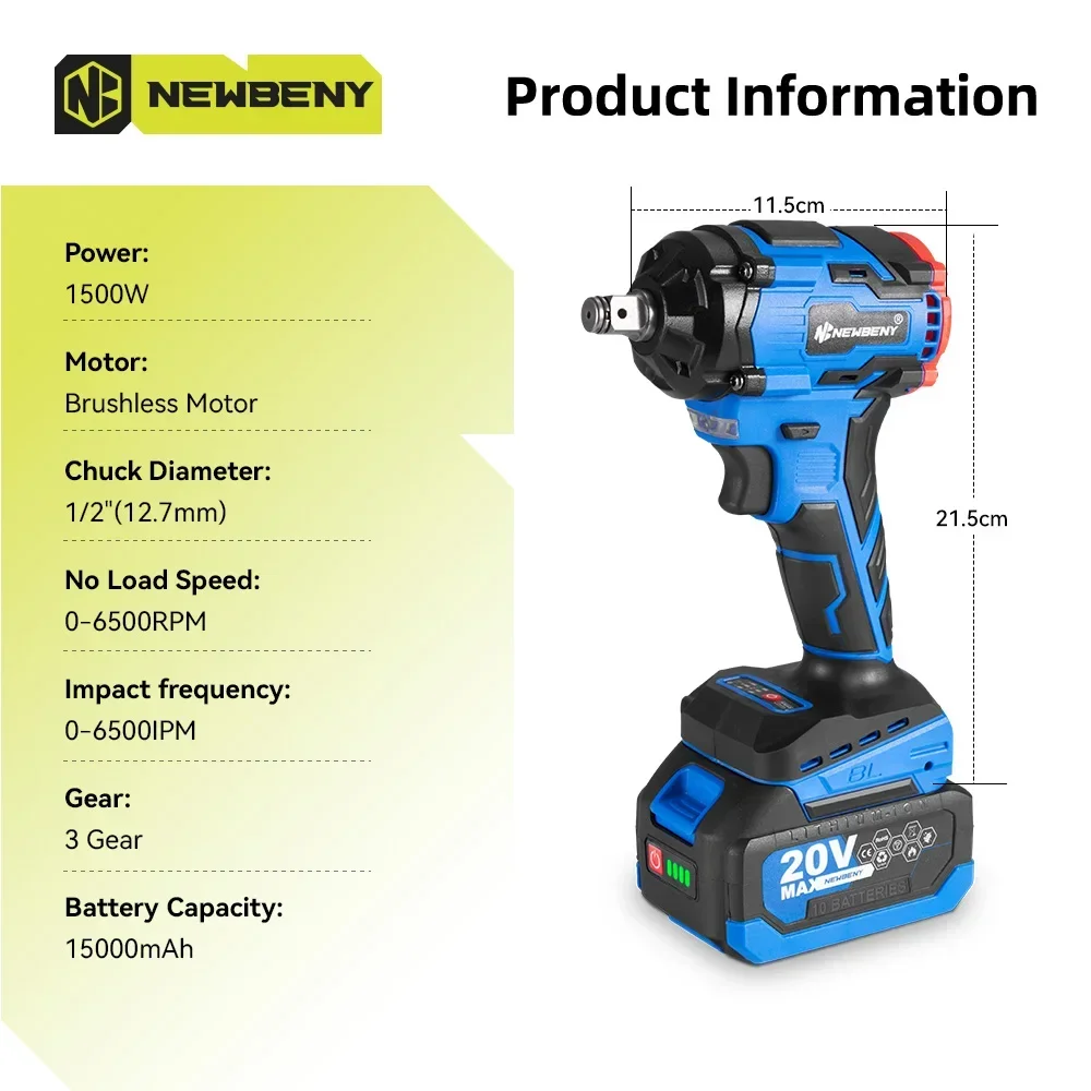 NewBeny 1000N.m Brushless Electric Impact Wrench 1/2 inch 3 Gears Cordless Rechargeable Power Tools For Makita 18V Battery 2