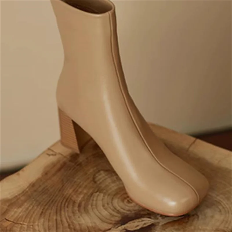

Sewing Lines Shoes for Ladies Square Toes Women's Churry High Heels Pleated Chassure Back Zippers Female Botas Leather Zapatos