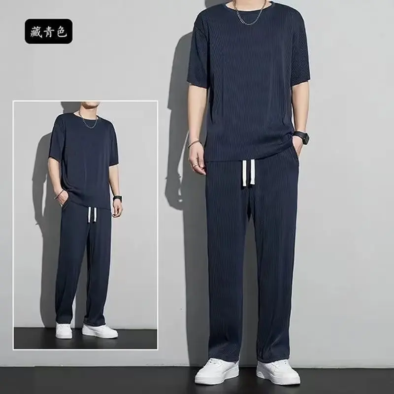 Summer Thin Ice Shreds Men's Short Sleeve Set 2024 New Korean Fashion Casual Pants and T-shirts Men's Sports Set Men Clothing