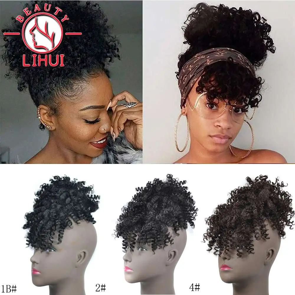 

Lihui Black Short Kinky Curly Chignon With Bangs Synthetic Hair Bun Drawstring Ponytail Clip In Afro Puff Hair Pieces For Women