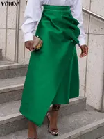 VONDA Plus Size 5XL Elegant Women Satin Skirts High Waist Button Pleated Asymmetrical Maxi Jupes Fashion Solid Long Faldas Saia