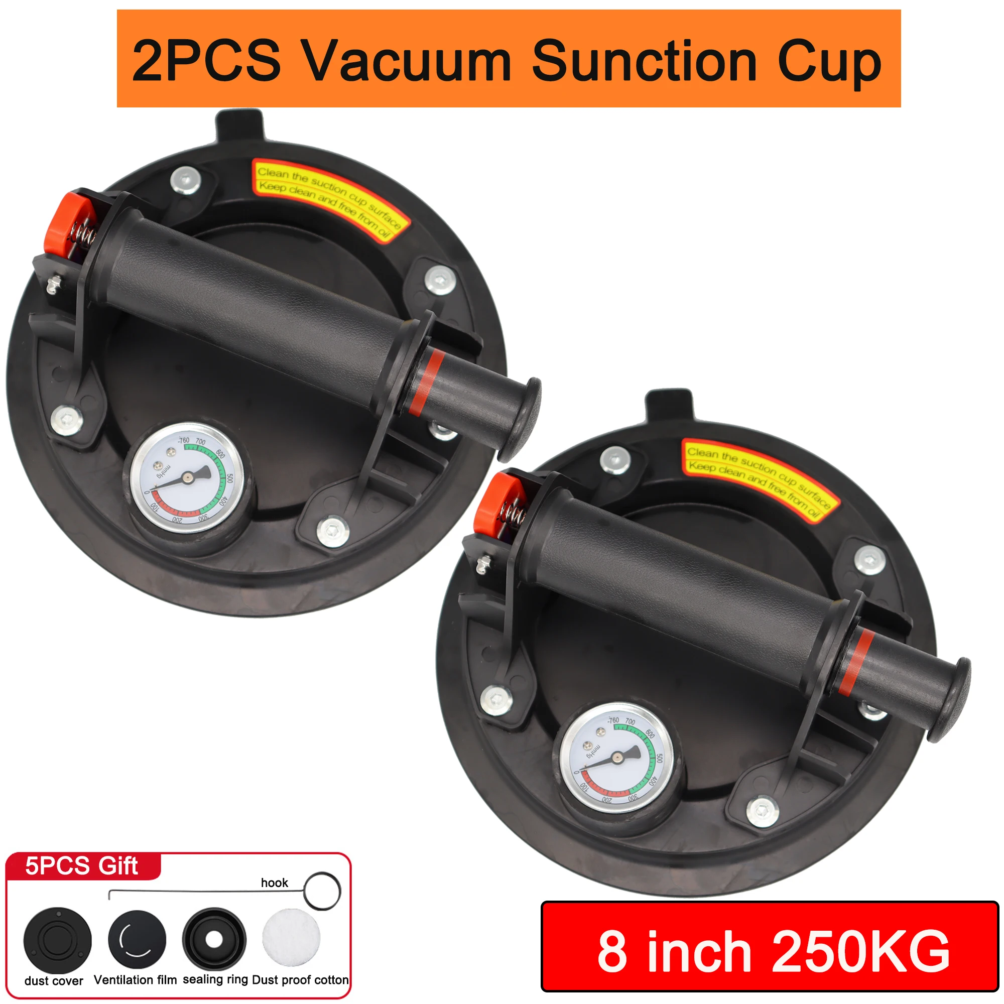 Vacuum Suction Cup Vacuum Sucker 8 Inch 250kg Vacuum Suction Cup with Pressure Gauge Plastic Handle Heavy Duty Lifter for Granite Tile Glass Manual Lifting