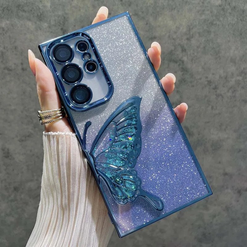 3D Glitter Butterfly Quicksand Electroplate Phone Case with Built-in Lens Film