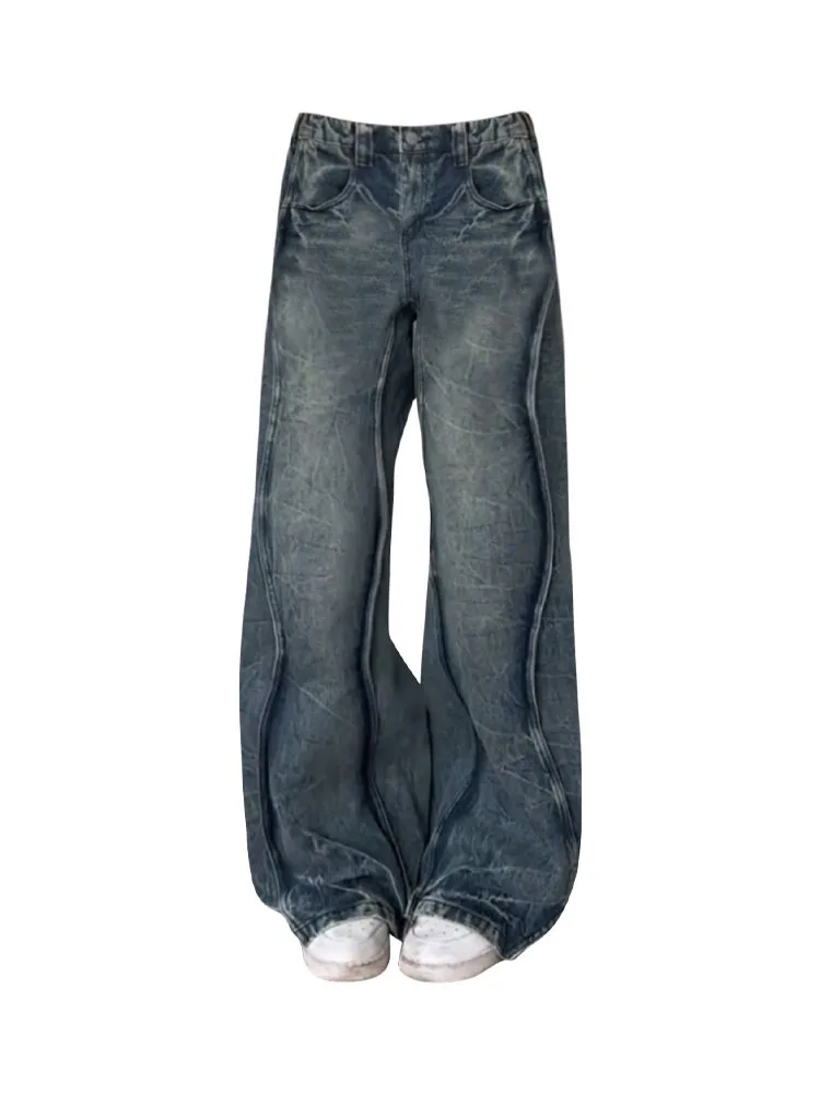 

Джинсы Gyaru с завышенной талией, базовые синие брюки с широкими штанинами, Мешковатые повседневные удобные уличные штаны из денима в стиле Хай-стрит, хип-хоп