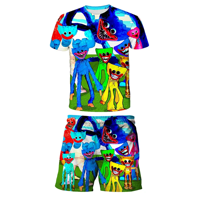 New Video Game Poppy Playtime T-Shirt + Pants 2 Pcs Suit Cartoon Children Clothing Sets Kids Boys Sports Suit Huggy Wuggy Shorts newborn baby clothes set girl