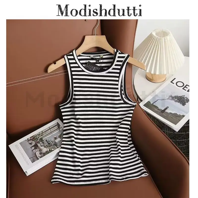

Modishdutti высокое качество 2024 весна лето женская мода без рукавов полосатый жилет женские повседневные круглые шеи тонкие Топы