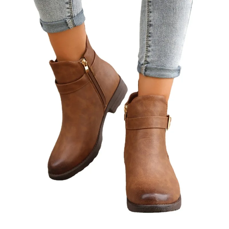 2023 Shoes Female Ankle PU Women's Boots Elegant Modern Boots Women Side Zip Belt Buckle Round Toe Chunky Heel Solid Shoes Women