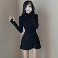 Chic Korean Slimming Mini Dress New Arrival Spring Autumn Long Sleeve Half Polo/Turtle Neck Waist-Fitted Design Sensibility
