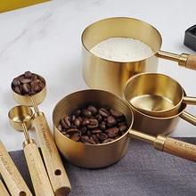Tazas y cucharas medidoras doradas de madera de 4 piezas, cuchara de acero inoxidable para alimentos, café, harina, balanza de cocina, juegos de utensilios de cocina para hornear