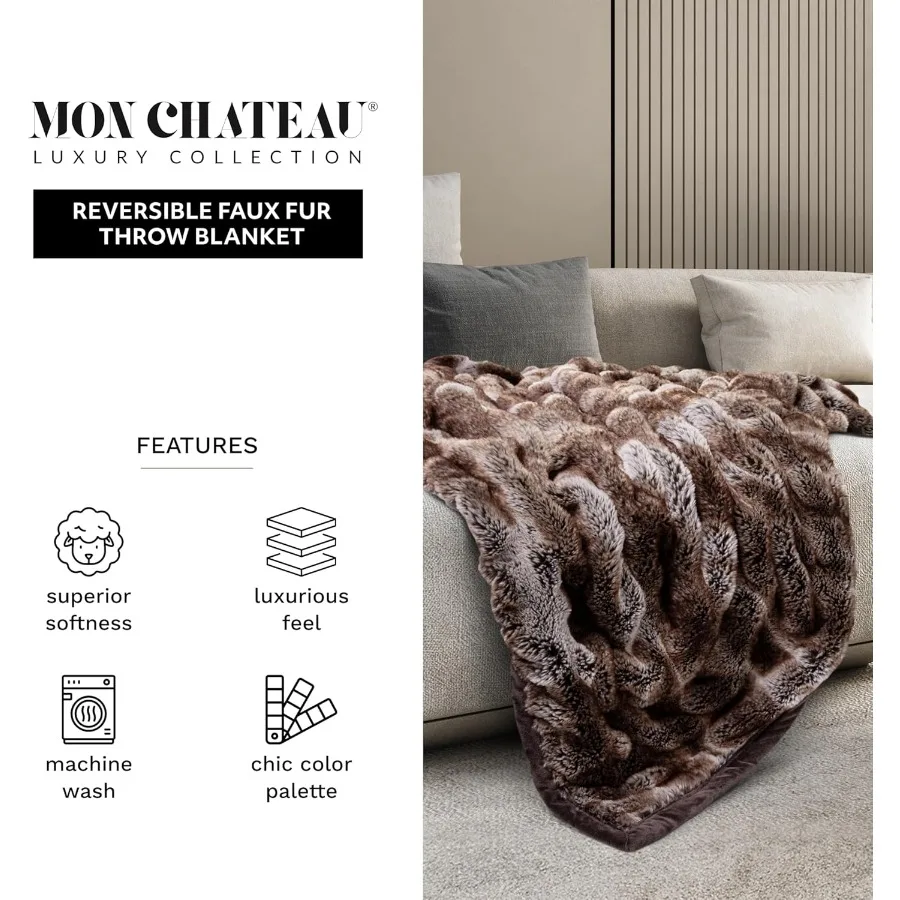 Premium Reversible Luxury Faux Fur Throw for Couch Sofa or Bed Plush Cozy Soft Blanket for Sleeping Relaxing and Elegant Home D