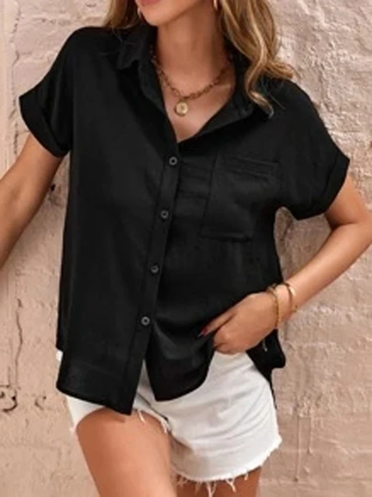Summer new Tencel ramie short-sleeved shirt women, loose casual, pocket design is strong, thin and chic.