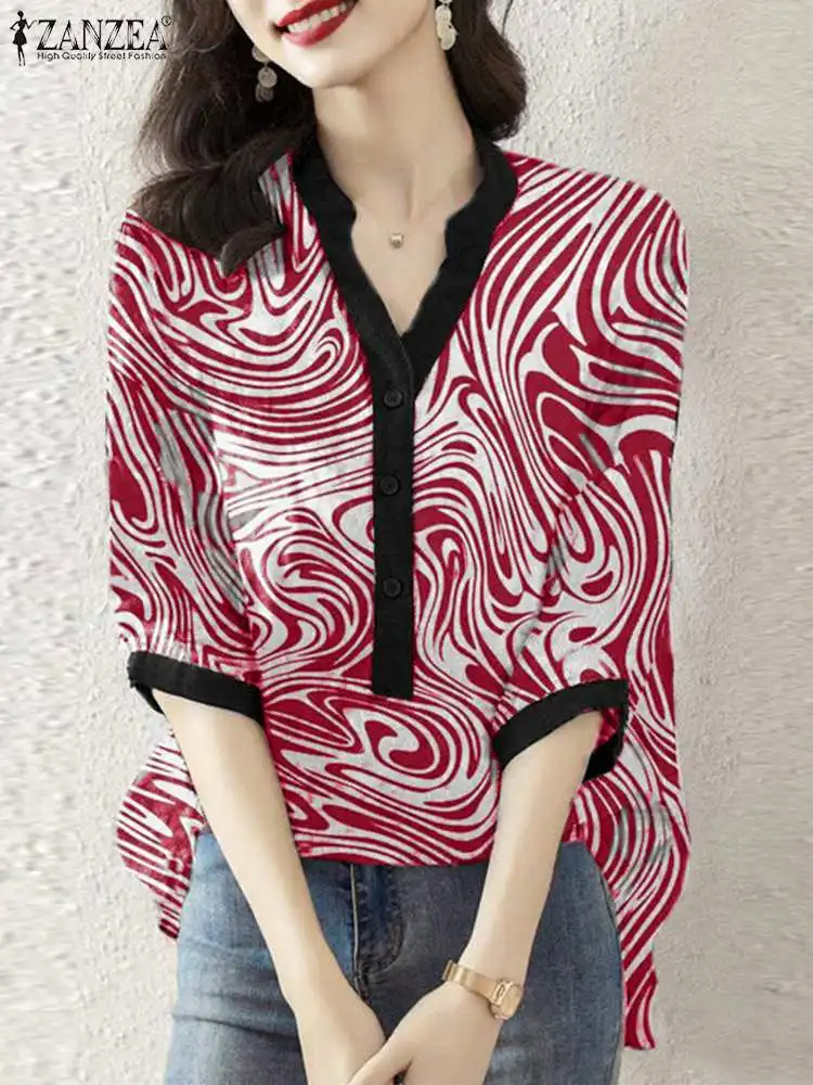 

Рубашка ZANZEA женская с V-образным вырезом, Повседневная модная блузка в японском стиле, с принтом, туника с рукавом 2024, лето 3/4