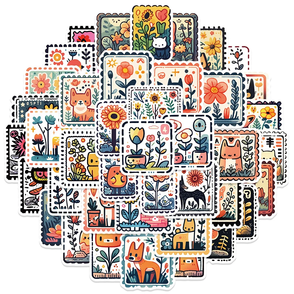 Cute Animals Retro Stamp Stickers Cartoon Graffiti Style Decorative Waterproof 50Pcs