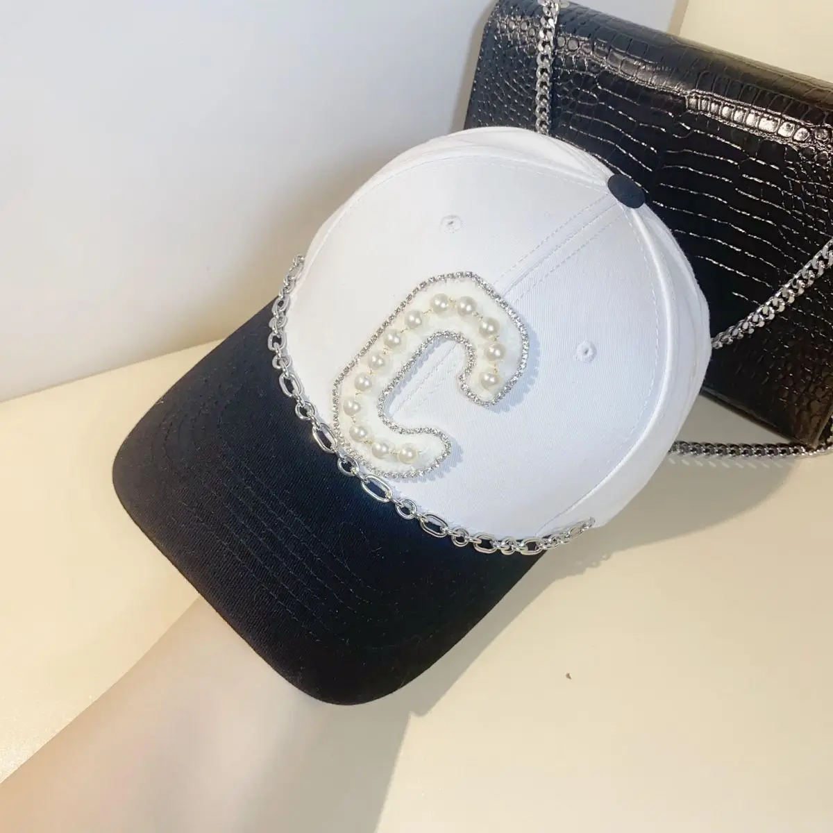 

Colored Heavy Industry Men's Hat Water Diamond Pearl C Letter Baseball Hat Big Eave Sunshade Outgoing Duck Tongue Hat Women