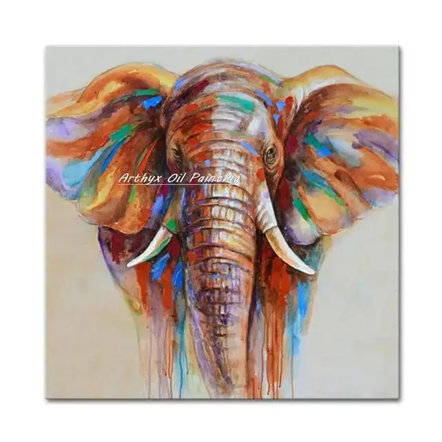 thumbnail image 1 of Pintura al óleo de elefante pintada a mano de Arthyx Pop Art sobre lienzo, dibujo animado abstracto, decoración de pared moderna para habitación de niños y hogar, 1 of 5
