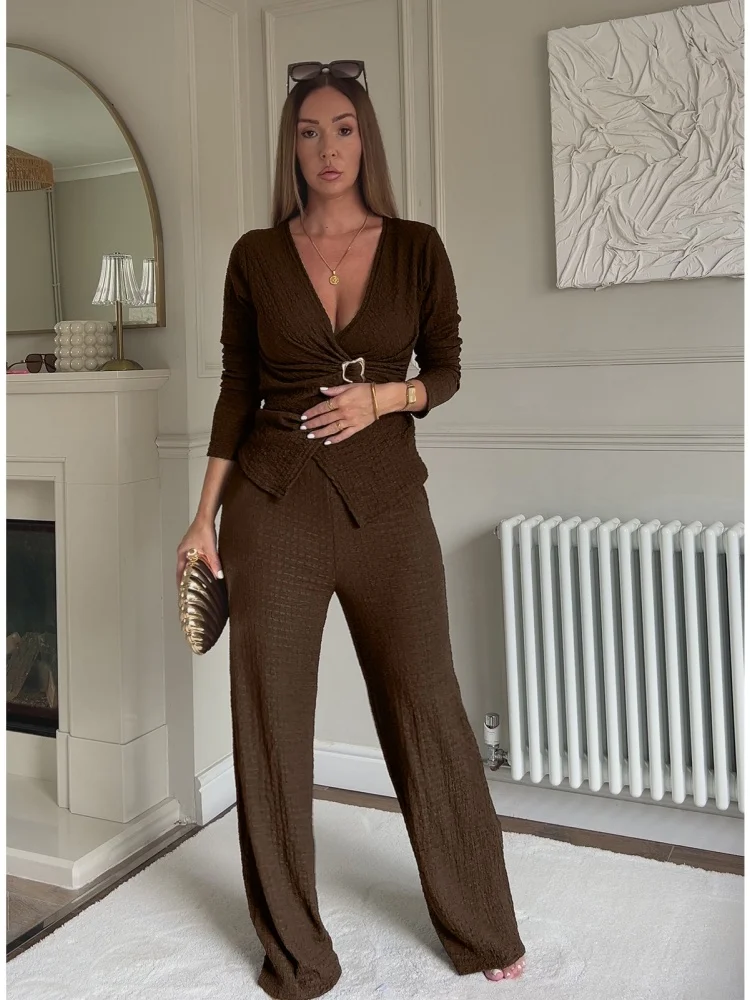 Wmstar Two Piece Set Women Wholesale Cross Border Elastic Jacquard Pleated V Neck Waist Buckle Cinching Slimming Wide Leg Pants