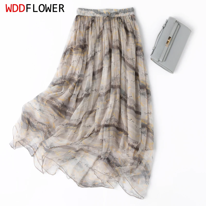 

Women Silk Skirt 100% Mulberry Silk Dark Gray Printed Skirt With Lining Summer Beach Big Hem M1116