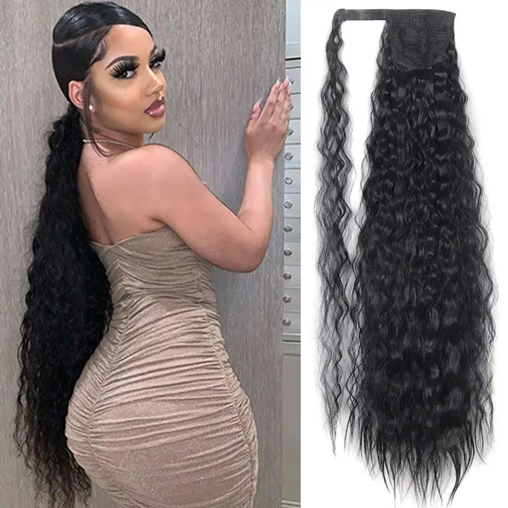 32 Inch Long Ponytail Hair Extension Corn Wavy Texture Synthetic Afro Kinky Curly Ponytail Women Hairpieces Wrap On Pony Tail synthetic hair extensions