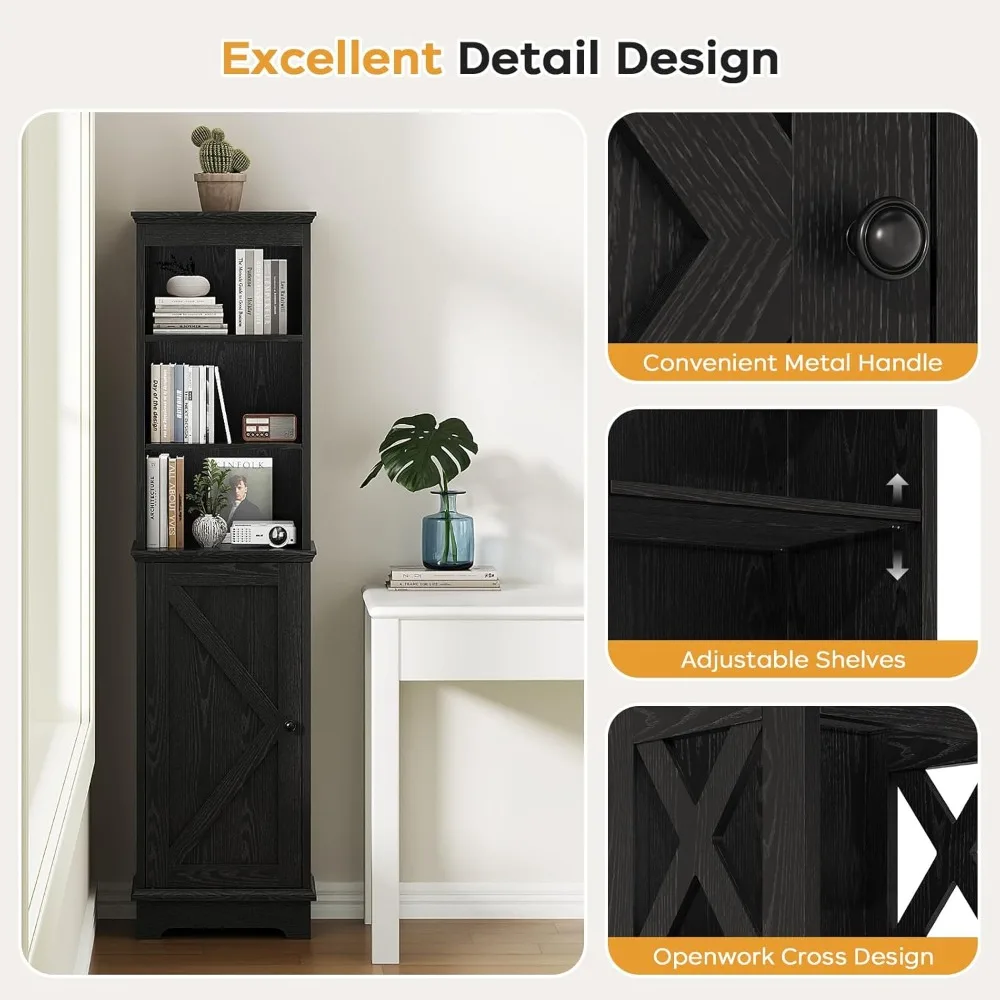 Farmhouse Tall Narrow Storage Cabinet with Door & Shelves, Freestanding Organizer for Bathroom Kitchen