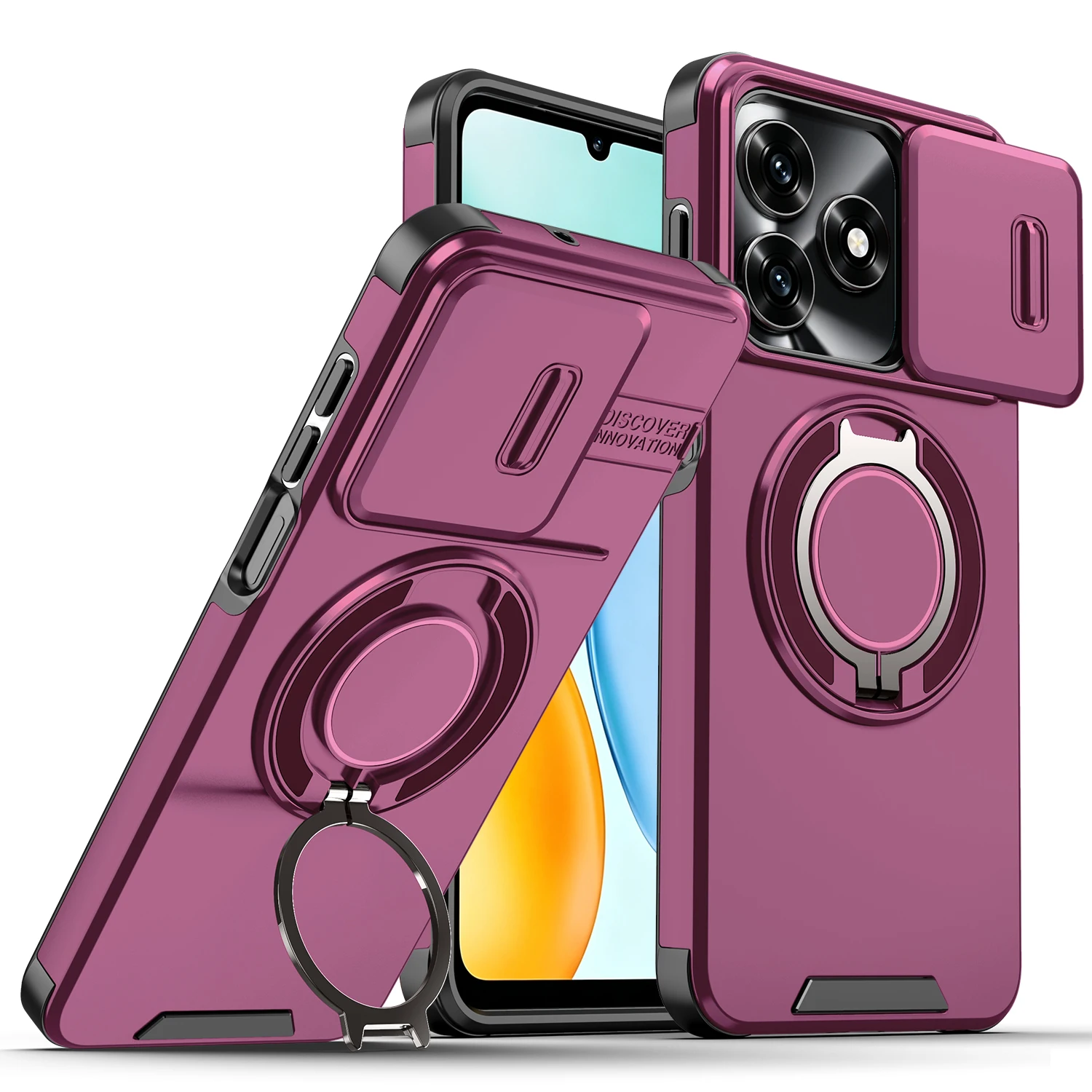 Enhanced Protective Magnetic Ring Holder Case with Slide Lens Protector Cover