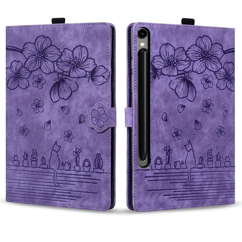 Embossed Flowers PU Leather Wallet Flip Stand Cover with Cat Pattern