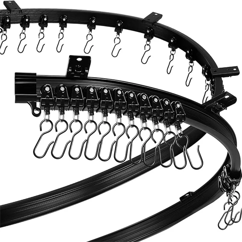 Rail De Rideau De Plafond 3m Noir - Hyakoz, Système Complet Avec Supports Pour Cloison, Douche Ou Séparateur De Pièce Kit Rail Rideau Avec Supports Et Crochets