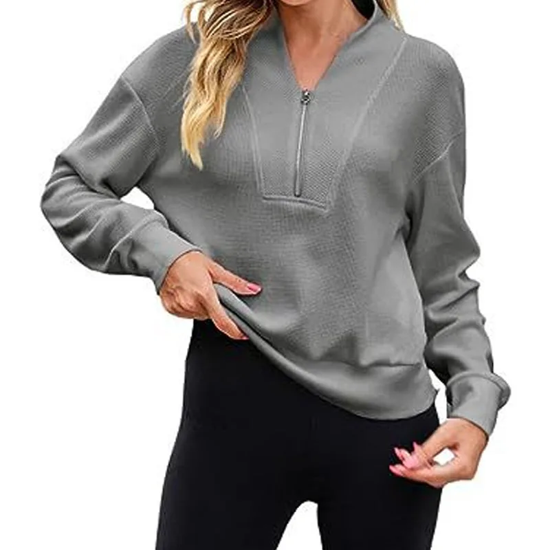 2023 Winter Women's New Fashion Casual Knitted Sweatshirt Loose and Comfortable Waffle Zipper V-Neck Pullover Long Sleeve Top