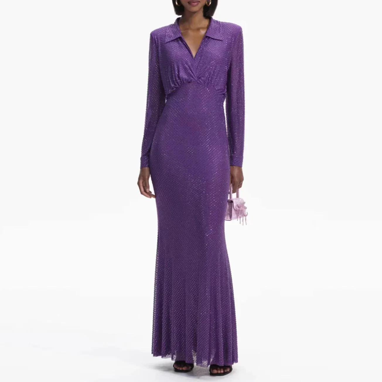 

2024 New Dress Women Hot Diamond Purple Turn Down Collar High Waist Full Dress Sexy Party Royal Style Luxury Brand High Quality