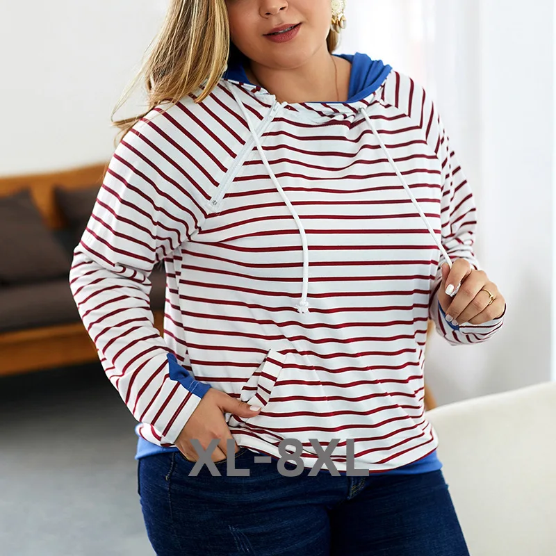 

Plus Size Autumn New Large Size Hoodie Fashion Women's Striped Stitching Zipper Long 3xl 4xl 5xl 6xl