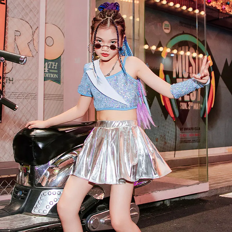 

Blue Sequins Crop Top Laser Skirt For Girls Jazz Costumes Ballroom Dance Street Dance Clothes Kids Kpop Outfit Stage Wear XS4558