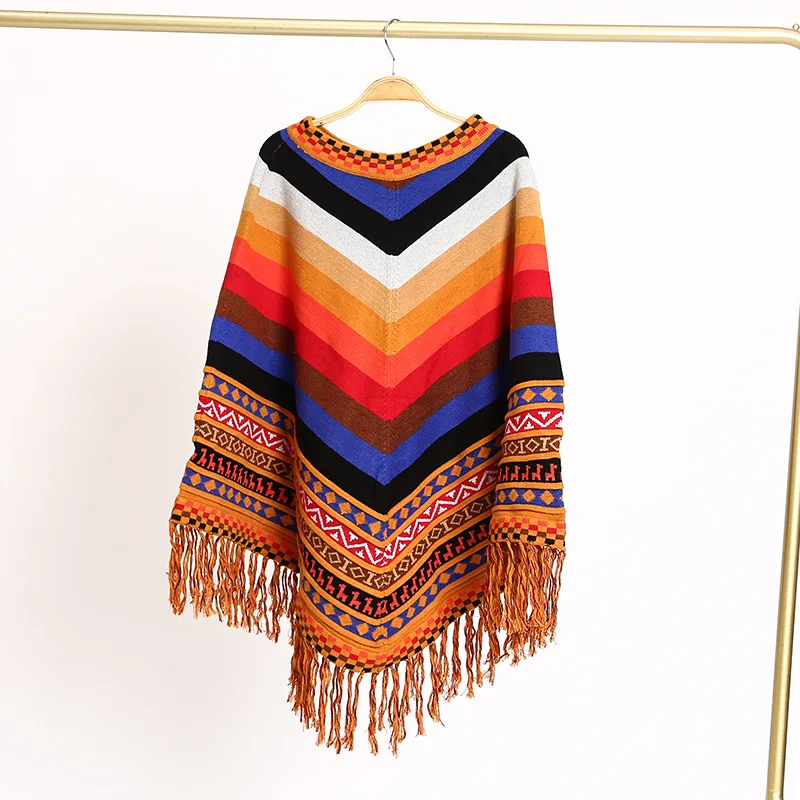 Peruvian National Style Fashion Tassel Travel Coat Shawl Cloak Women's Autumn Winter Warm Cover Lady Ponchos Capes Red